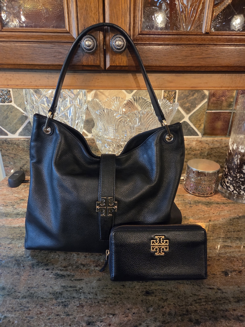 Tory Burch Black Leather Large Hobo Bag and Wallet Set with Gold Logo